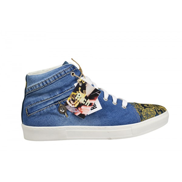 Handmade sneakers jeans and decorated fabric